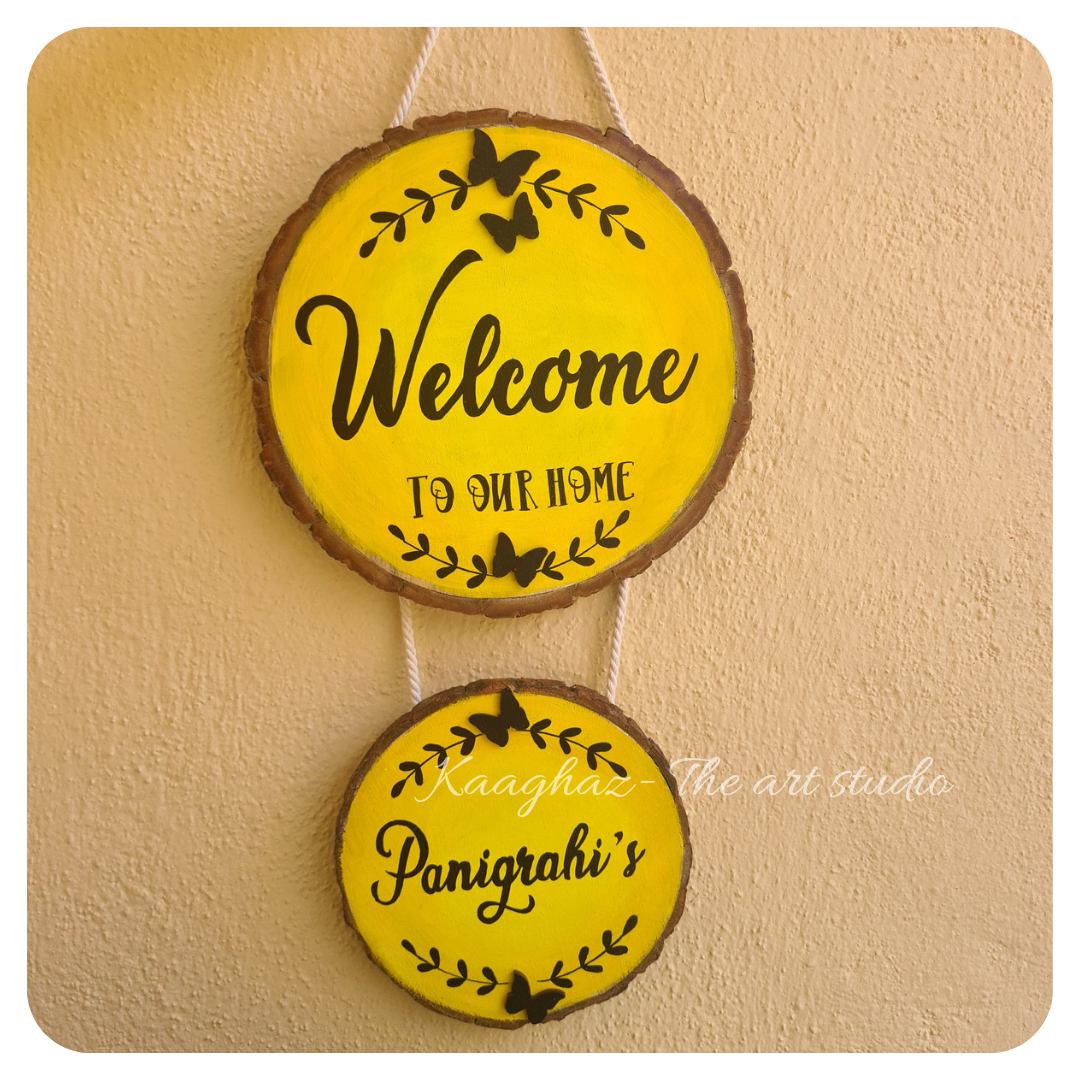 Wood slice home nameplate- Welcome to our home