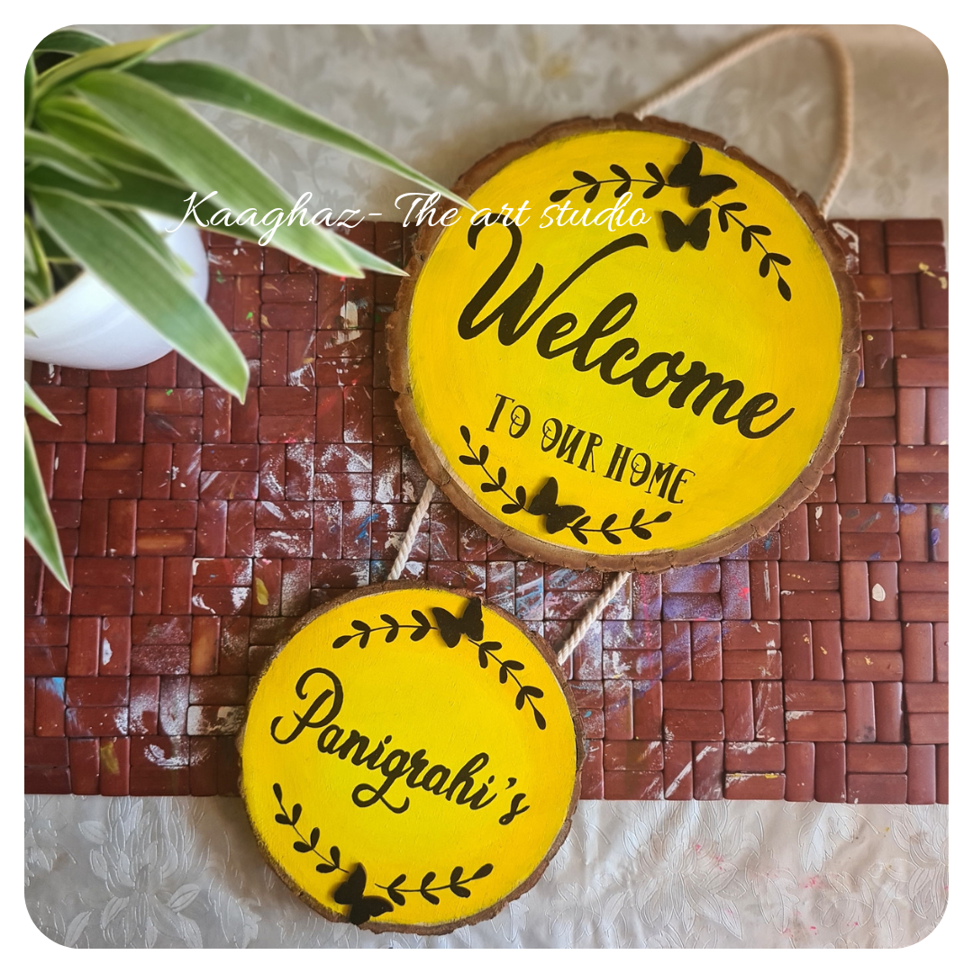 Wood slice home nameplate- Welcome to our home