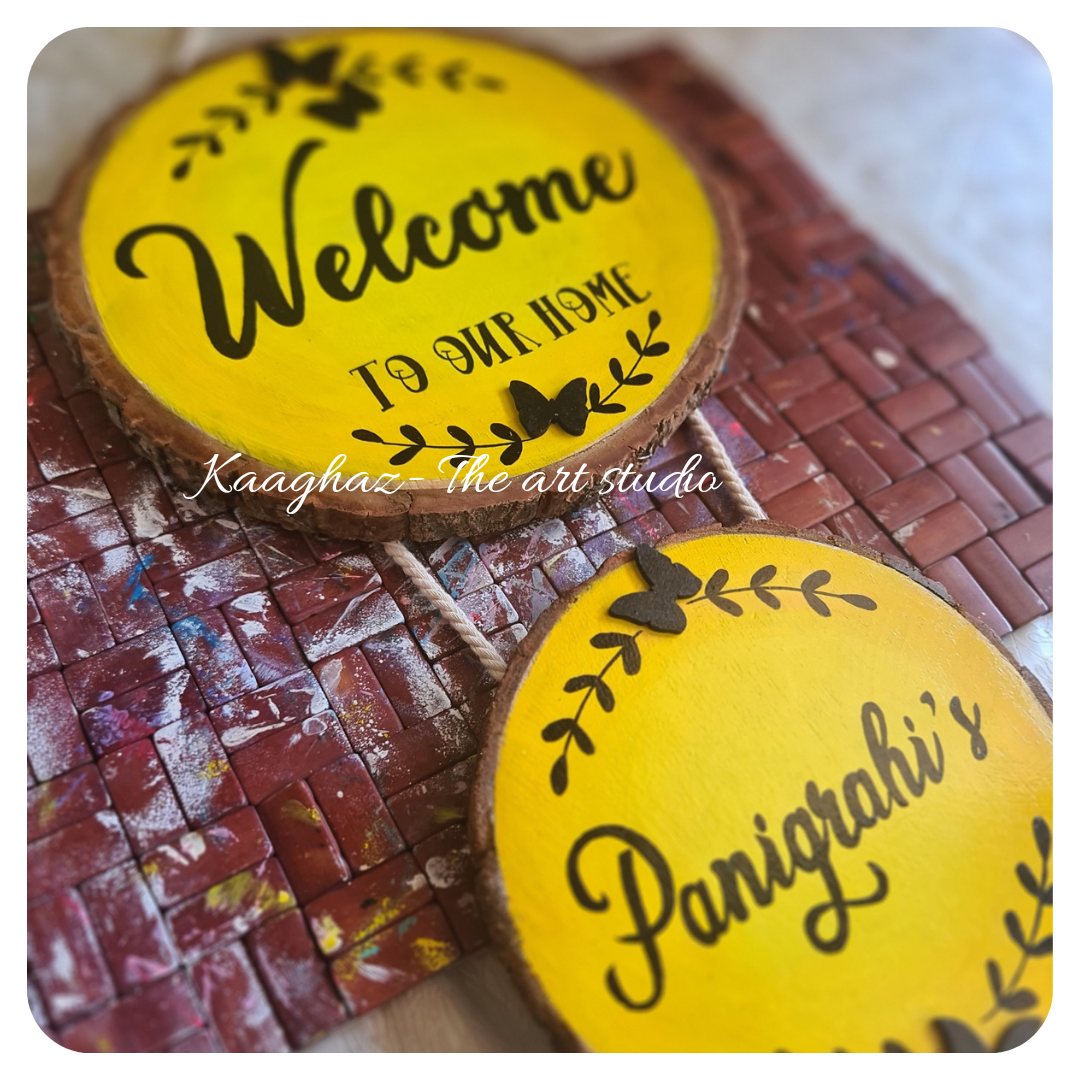 Wood slice home nameplate- Welcome to our home