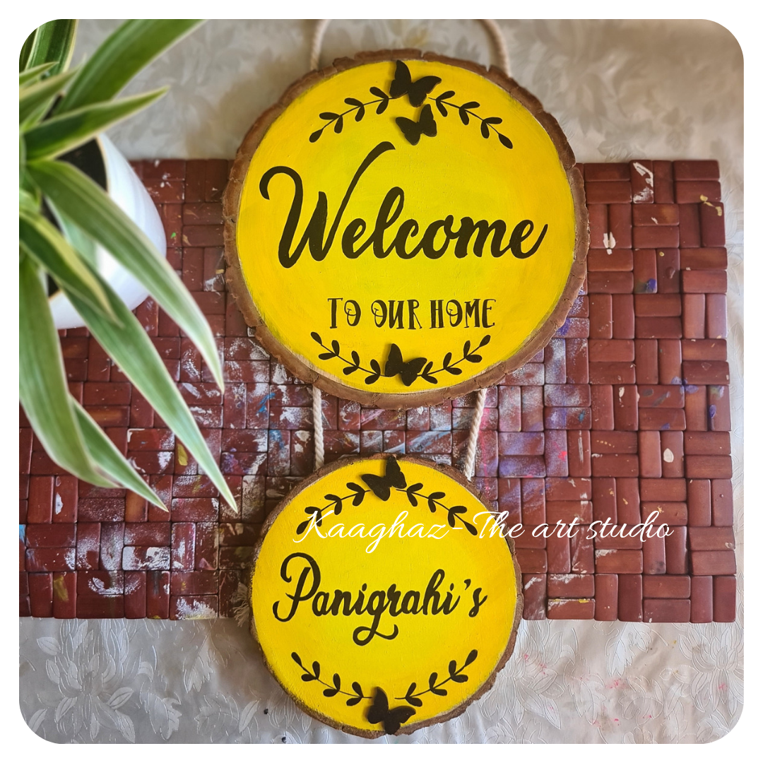 Wood slice home nameplate- Welcome to our home