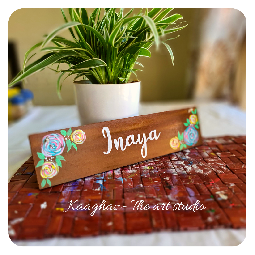 Hand painted wood plank nameplate- roses