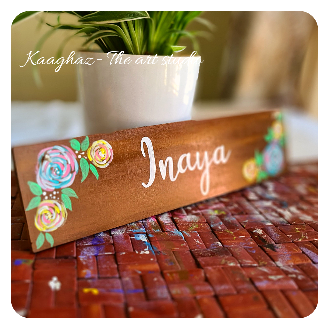 Hand painted wood plank nameplate- roses