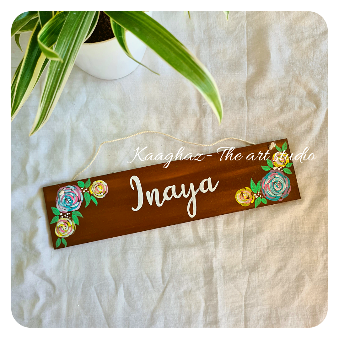 Hand painted wood plank nameplate- roses