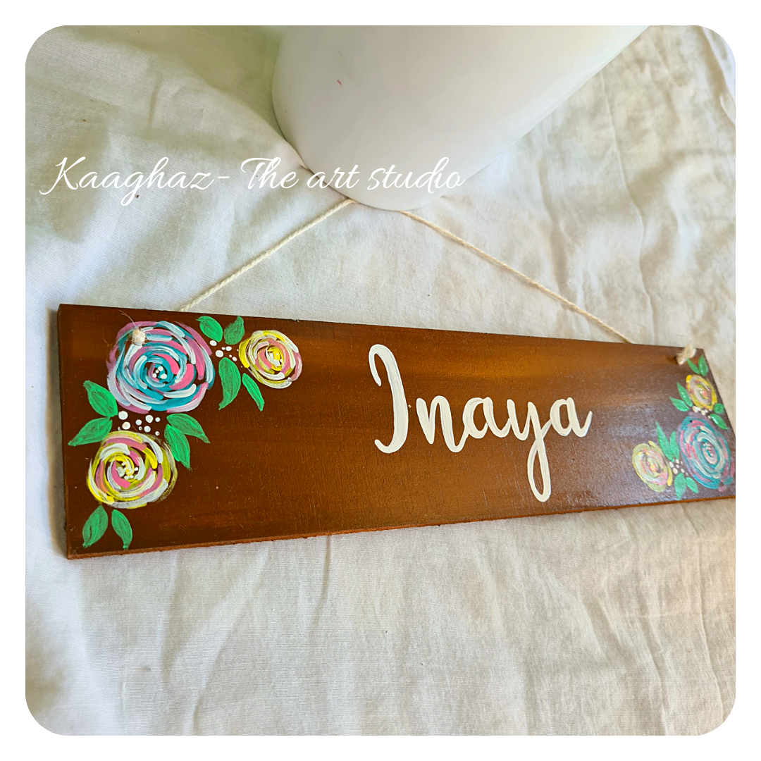 Hand painted wood plank nameplate- roses