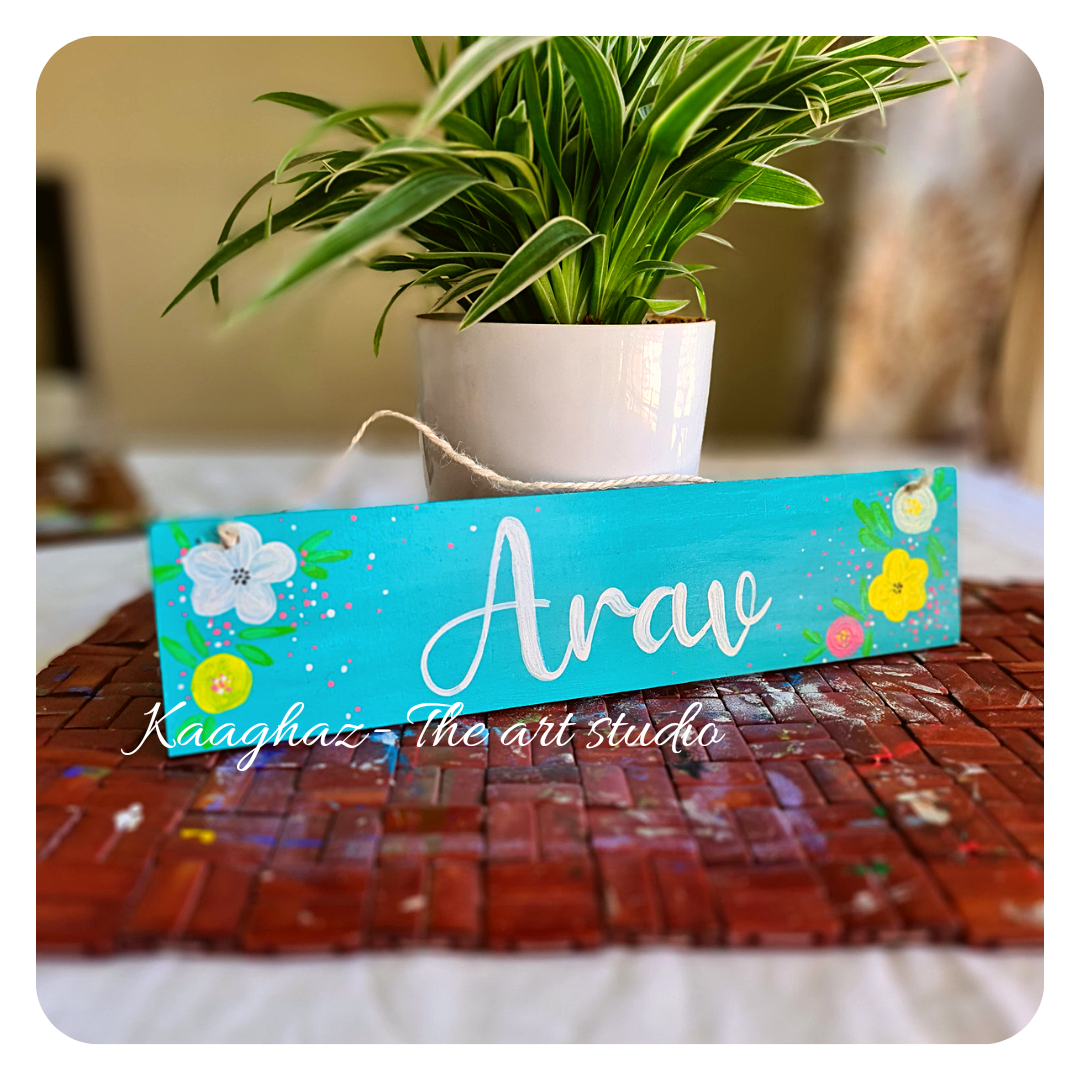 Hand painted wood plank nameplate- Marigold