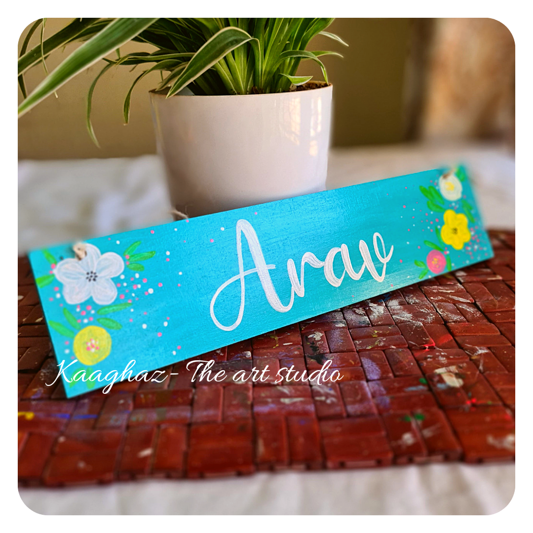 Hand painted wood plank nameplate- Marigold