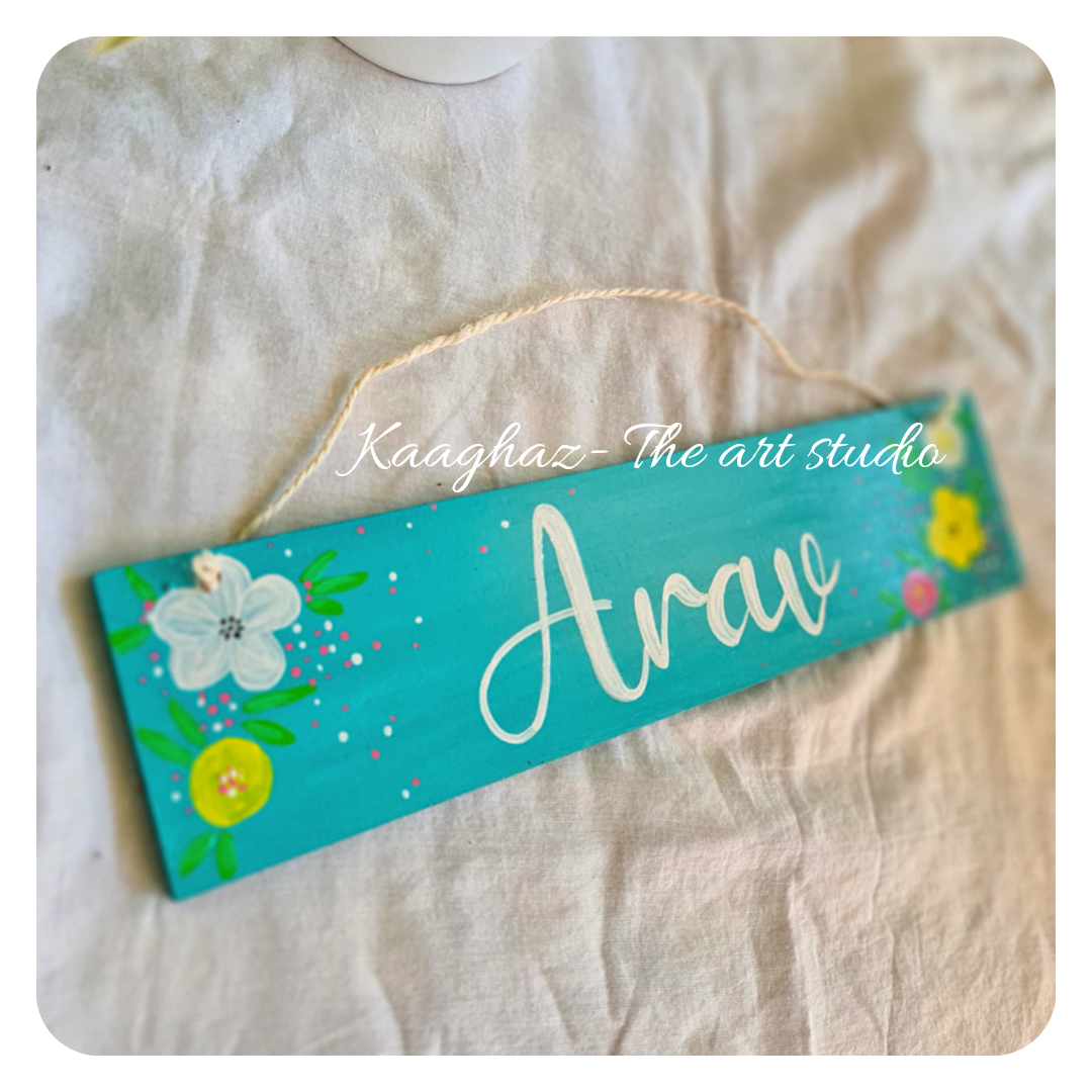 Hand painted wood plank nameplate- Marigold