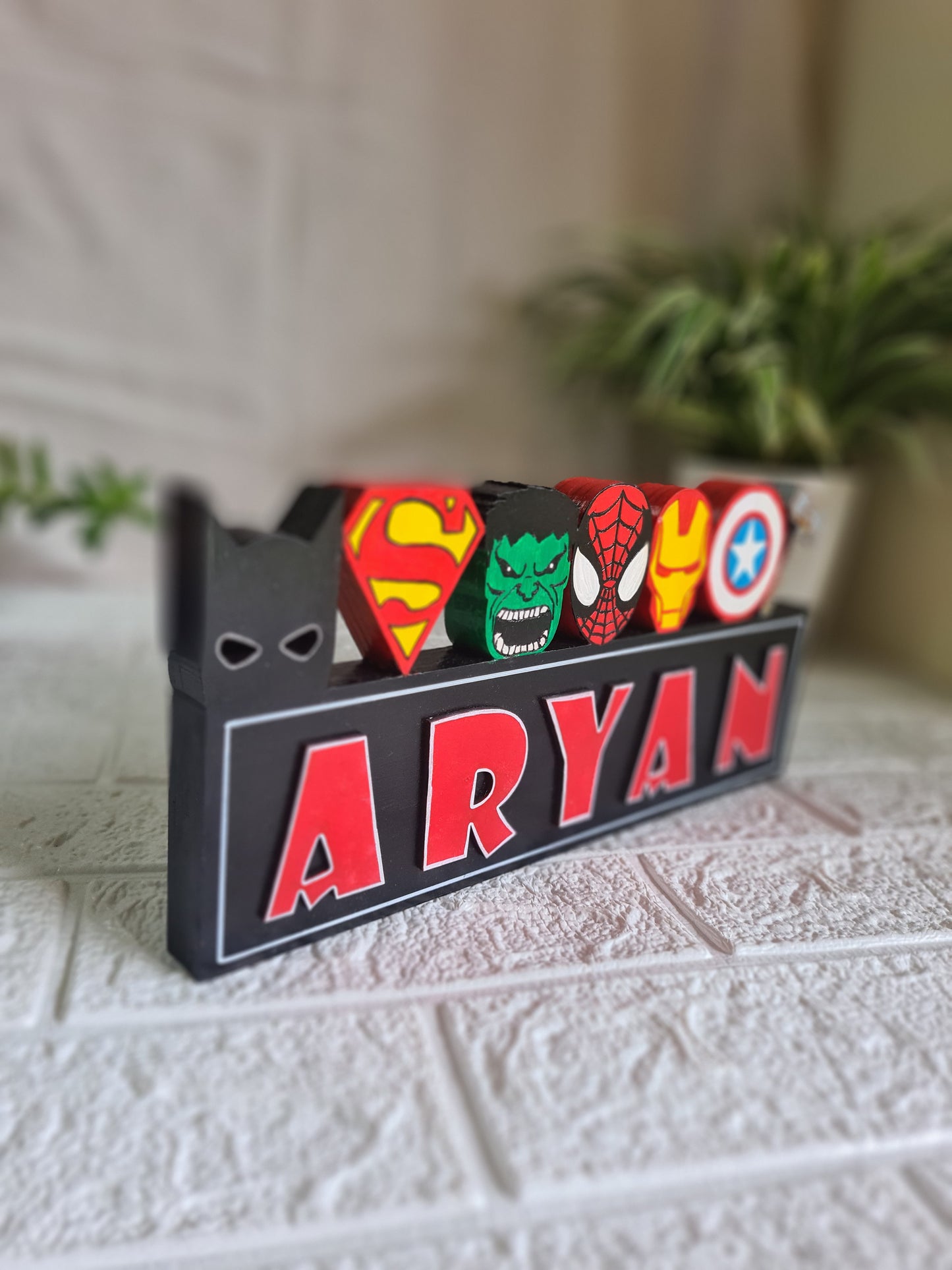 Free standing Superhero theme name sign block