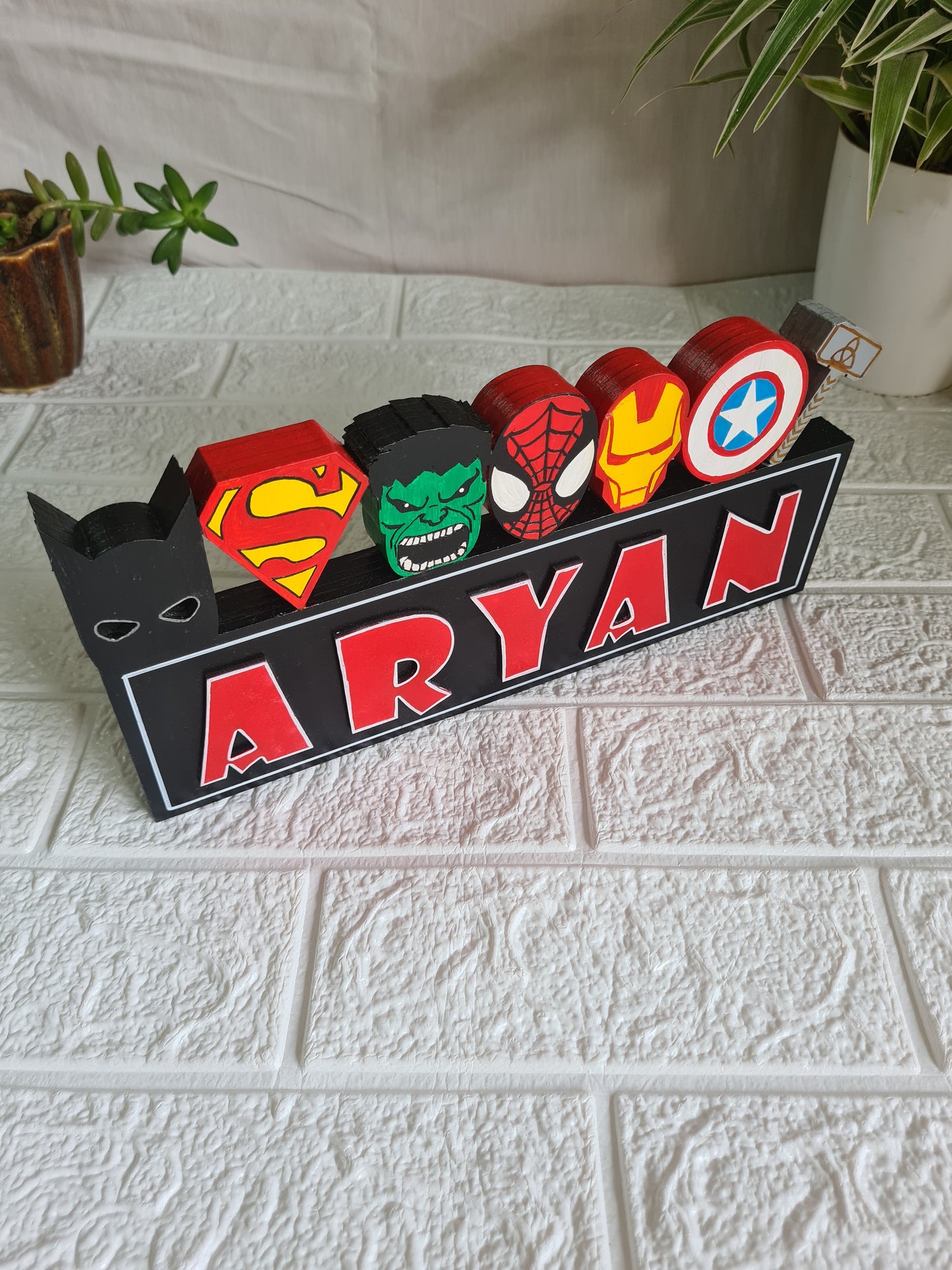Free standing Superhero theme name sign block