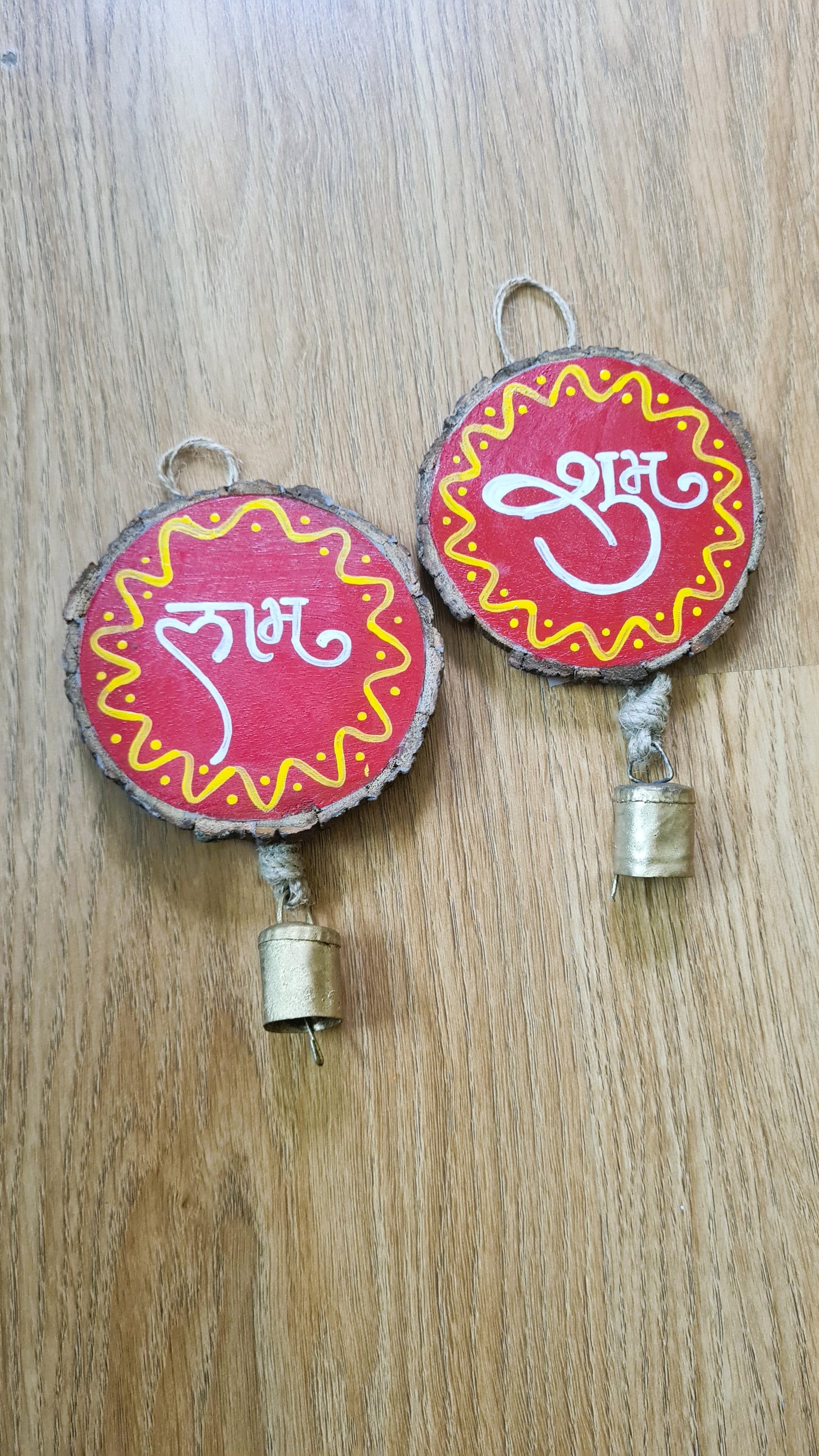 Shubh Labh Wood-Slice Door Hanging โ with Bell