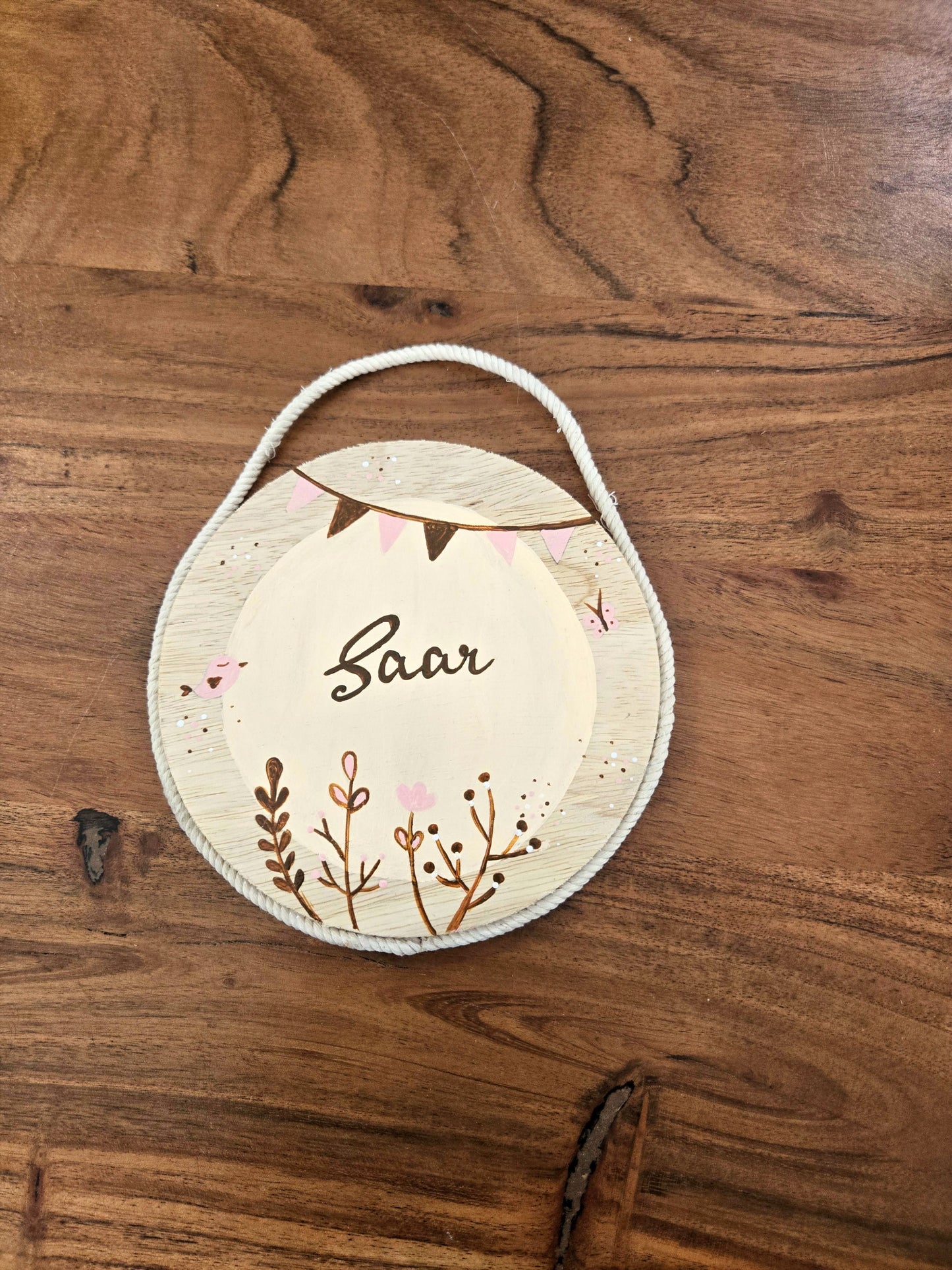 Hand-Painted Boho Blossom Pine Wood Nameboard (6-inch)