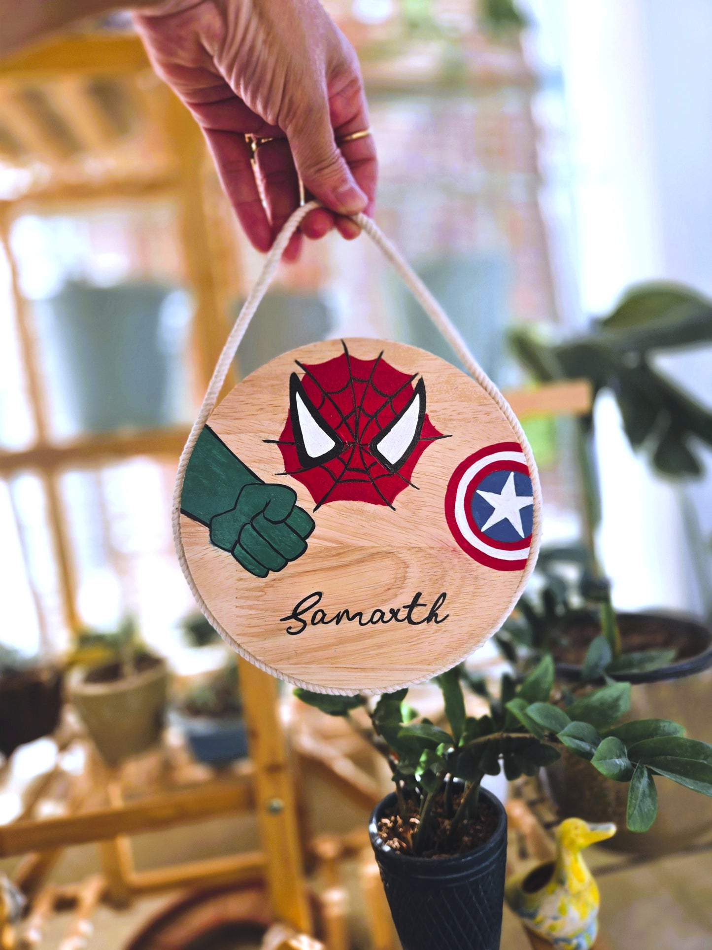 Hand-Painted Little Super Hero League Pine Wood Nameboard (6-inch)