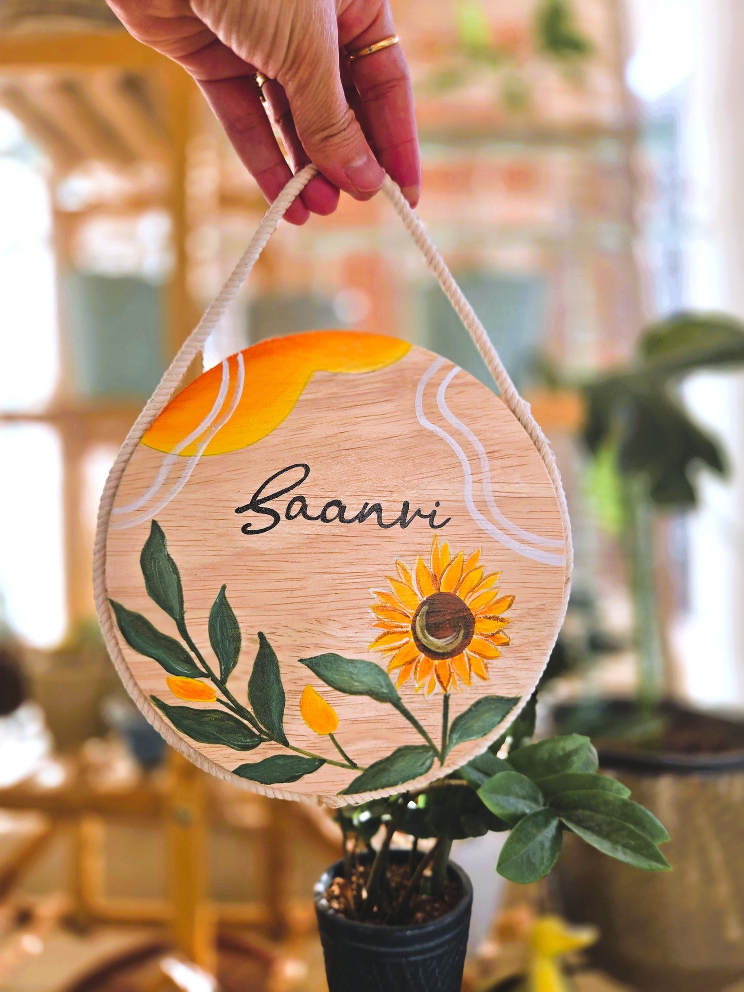 Hand-Painted Sunflower Bloom Pine Wood Nameboard (6-inch)