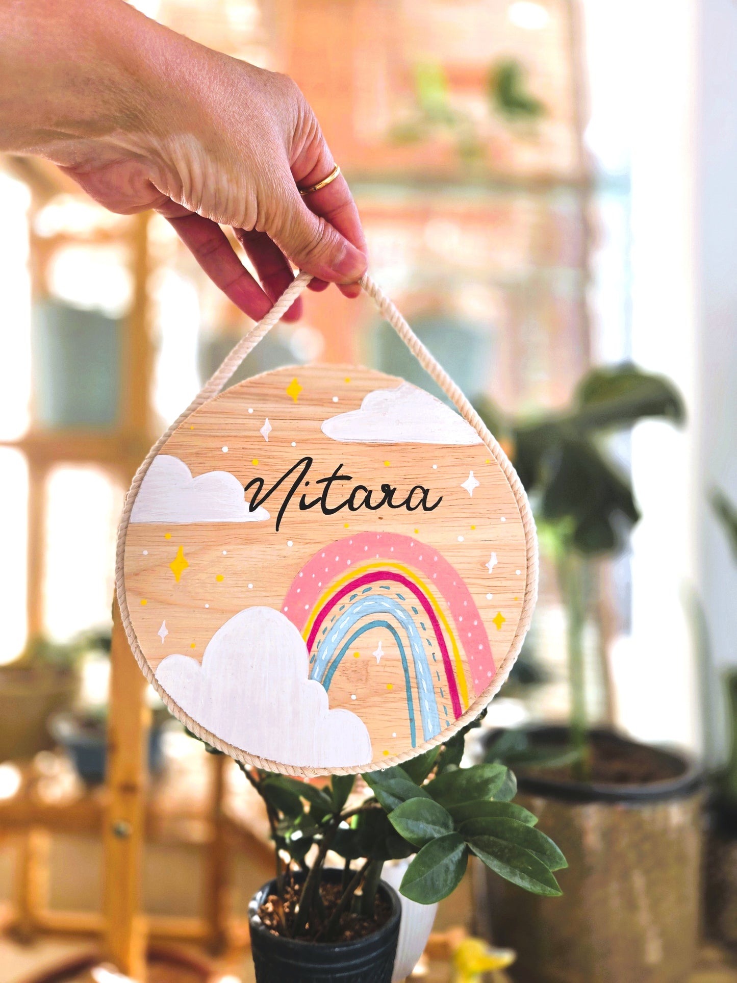 Hand-Painted Rainbow Wishes Pine Wood Nameboard (6-inch)