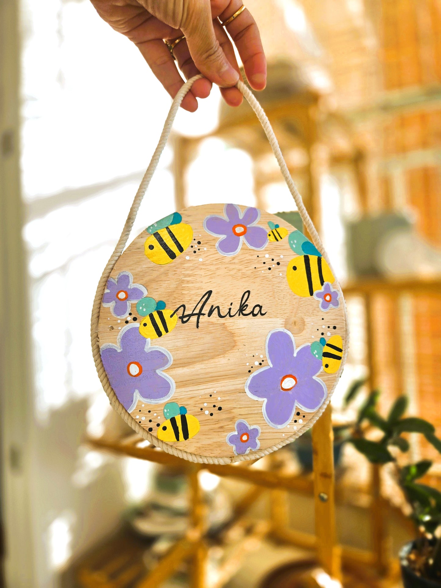 Hand-Painted Honeybee Garden Pine Wood Nameboard (6-inch)