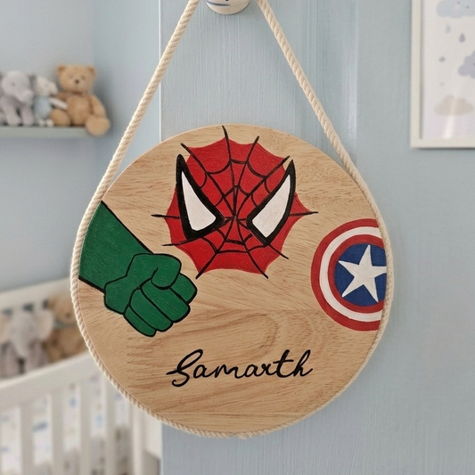 Hand-Painted Little Super Hero League Pine Wood Nameboard (6-inch)