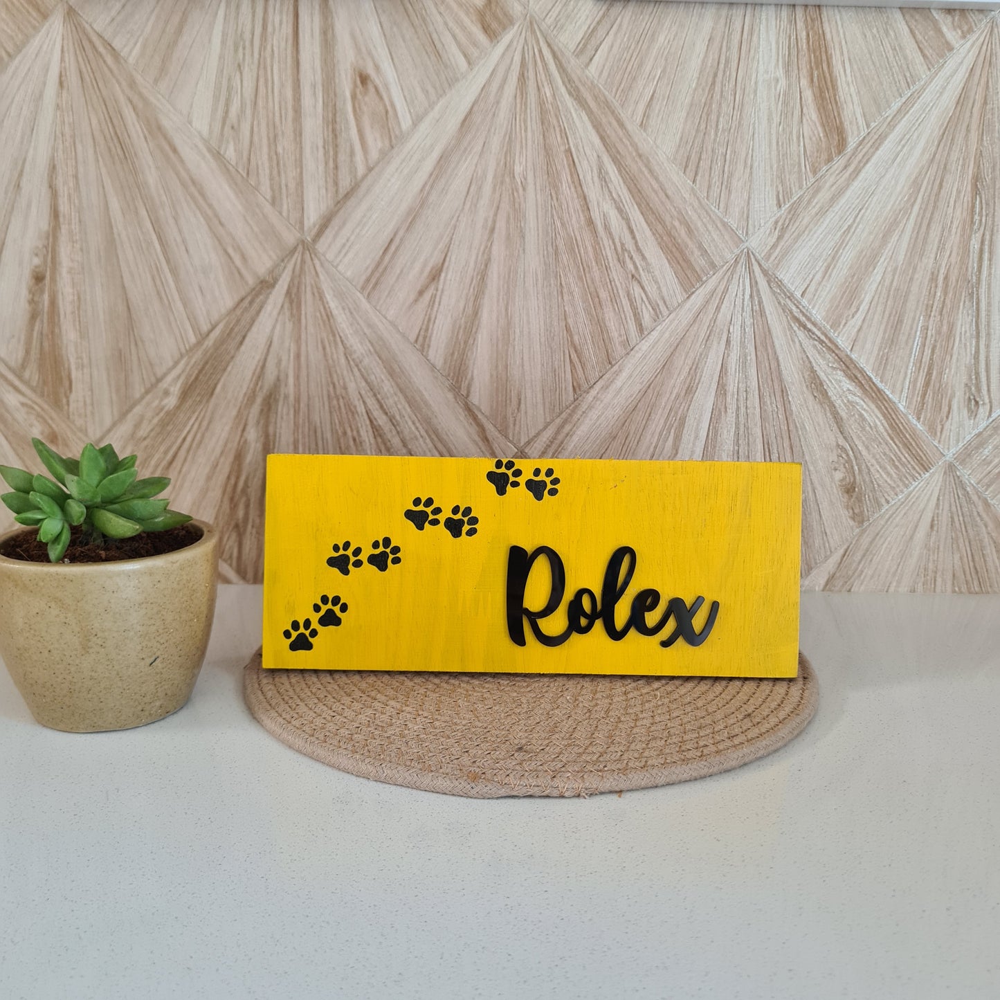 Paw Print Pinewood Pet Nameplate — Hand-Painted Trail, 10 × 4 inch