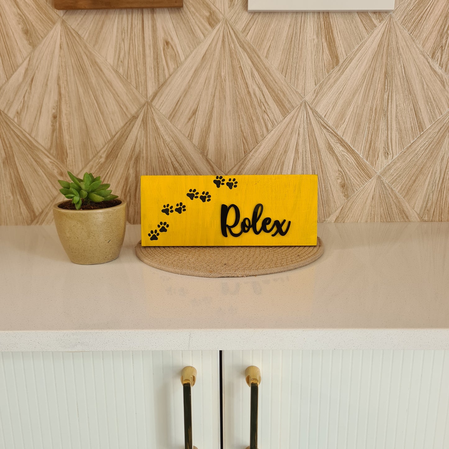 Paw Print Pinewood Pet Nameplate — Hand-Painted Trail, 10 × 4 inch