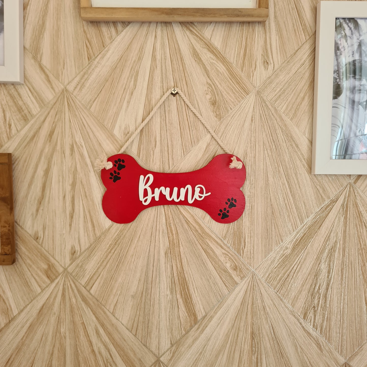 Bone-Shaped Pet Nameplate — Wood with Rope Hanger, 8 inch