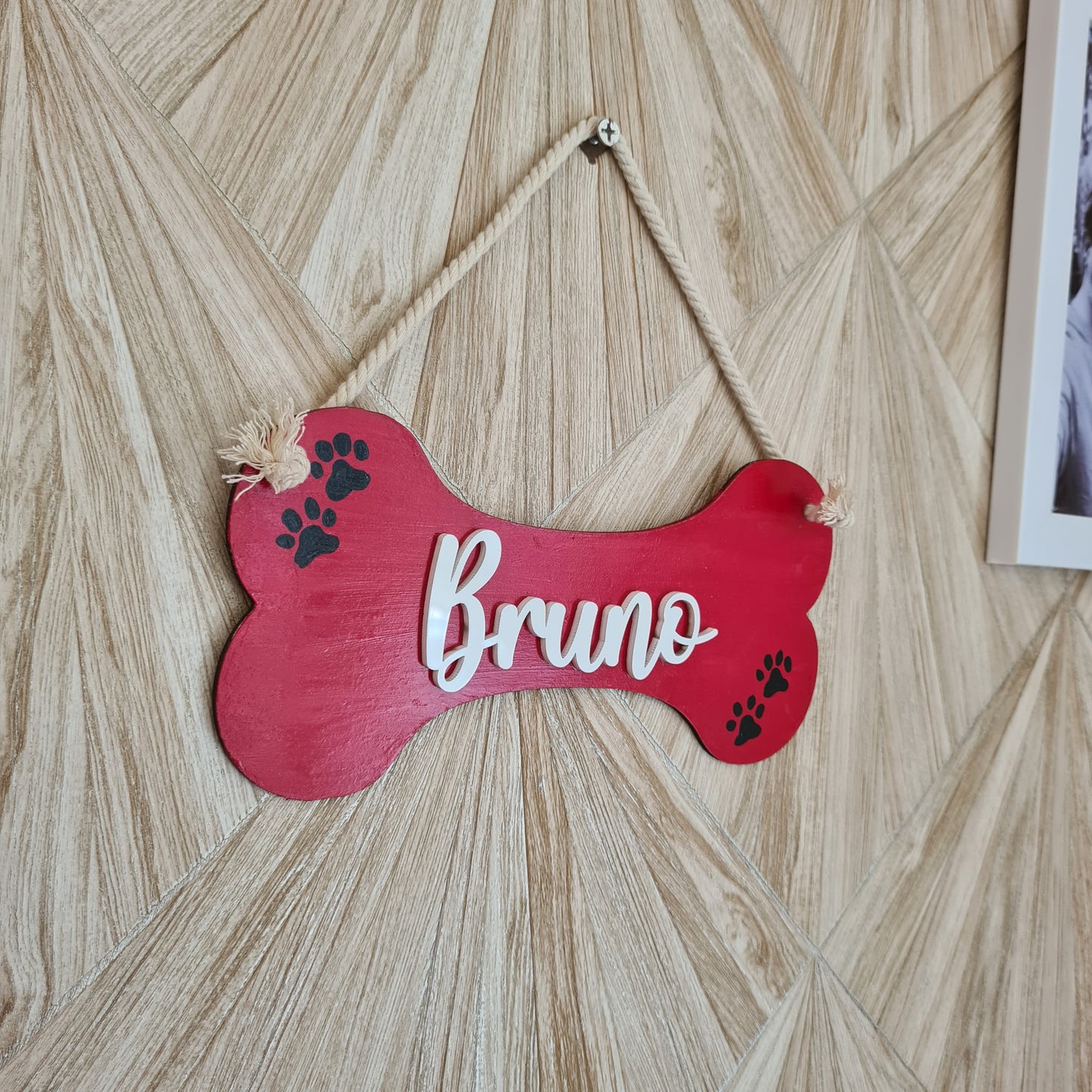 Bone-Shaped Pet Nameplate — Wood with Rope Hanger, 8 inch