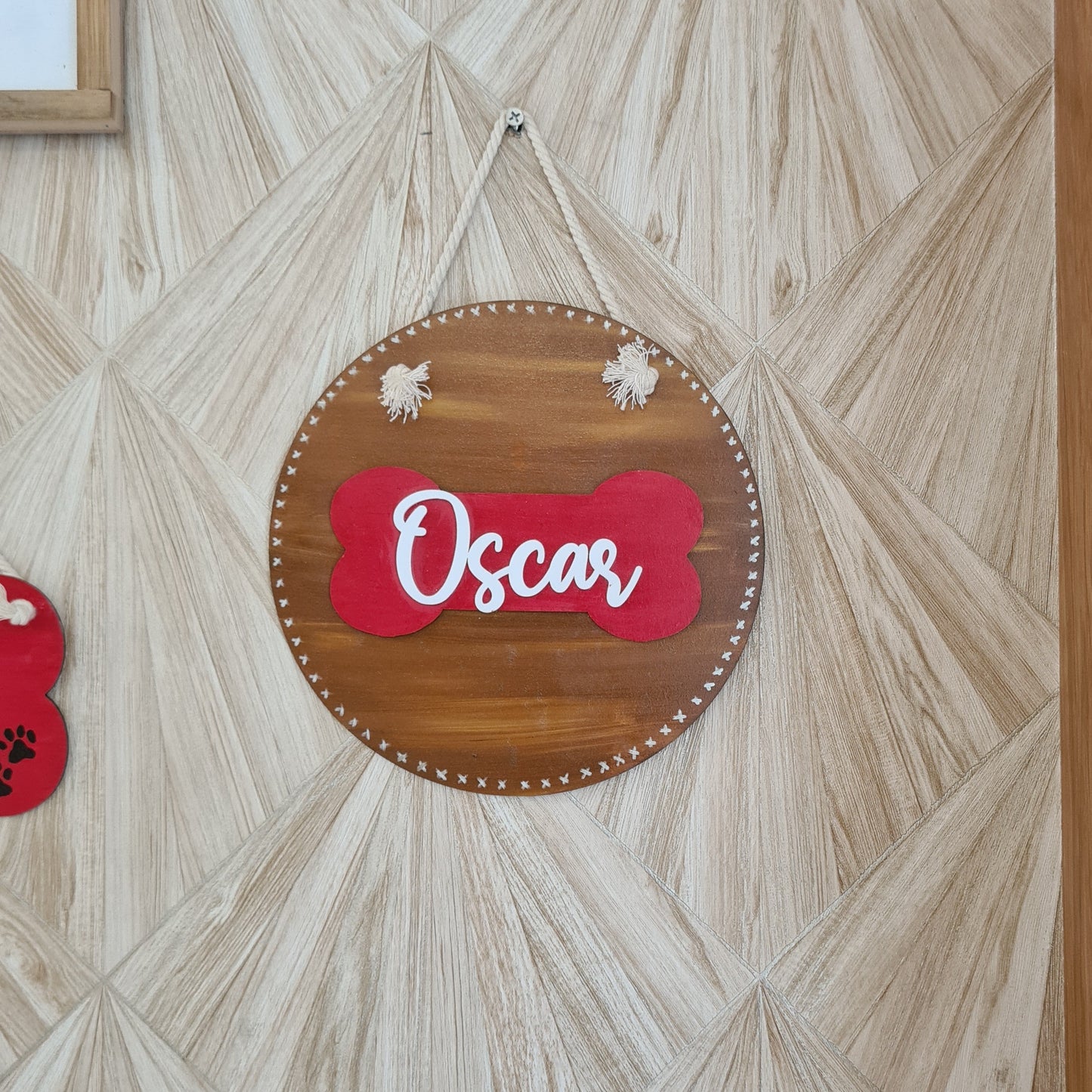 Bone Embellished Round Pet Nameplate — Hand-Painted Wood, 8 inch