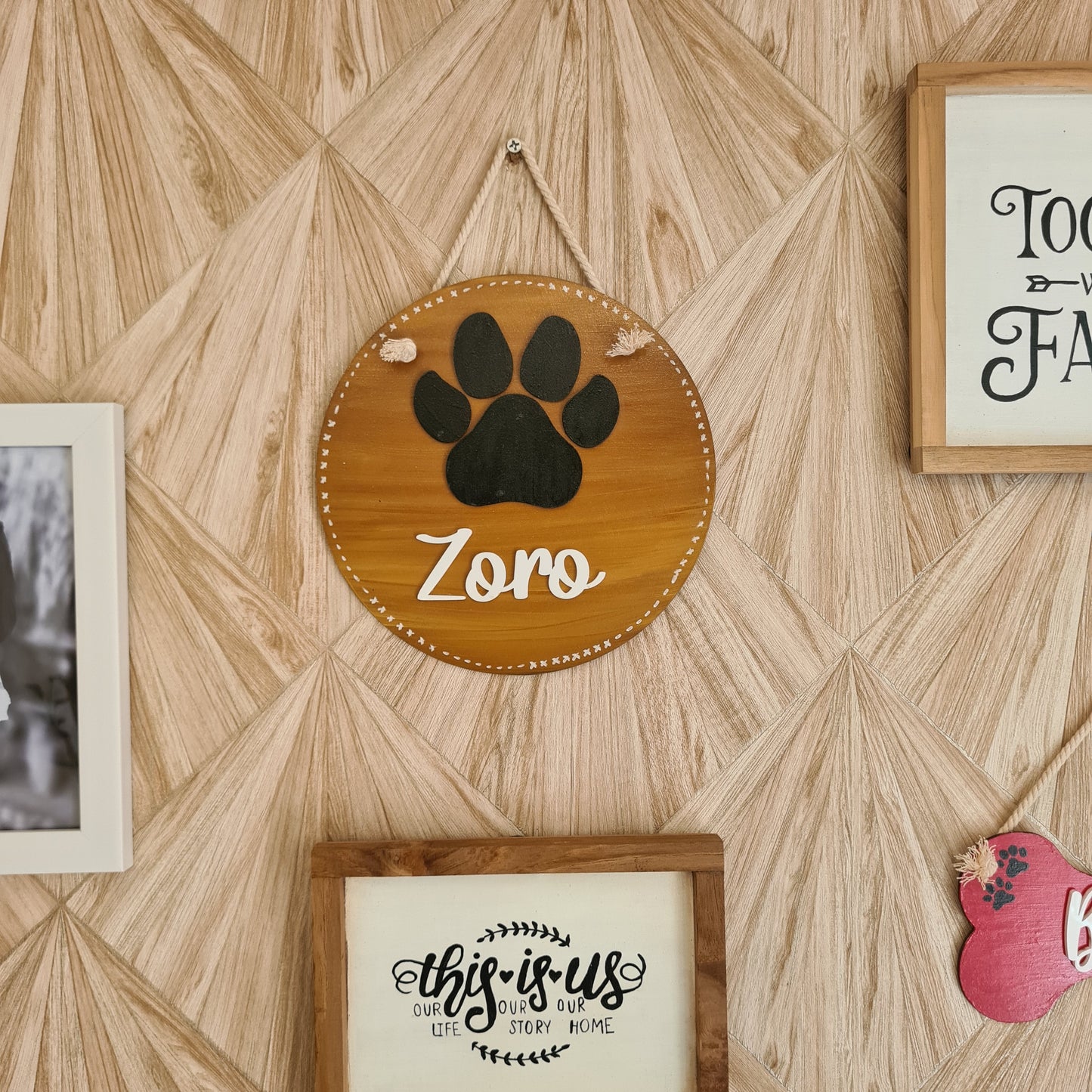 Paw Embellished Round Pet Nameplate — Hand-Painted Wood, 8 inch