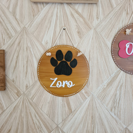 Paw Embellished Round Pet Nameplate — Hand-Painted Wood, 8 inch