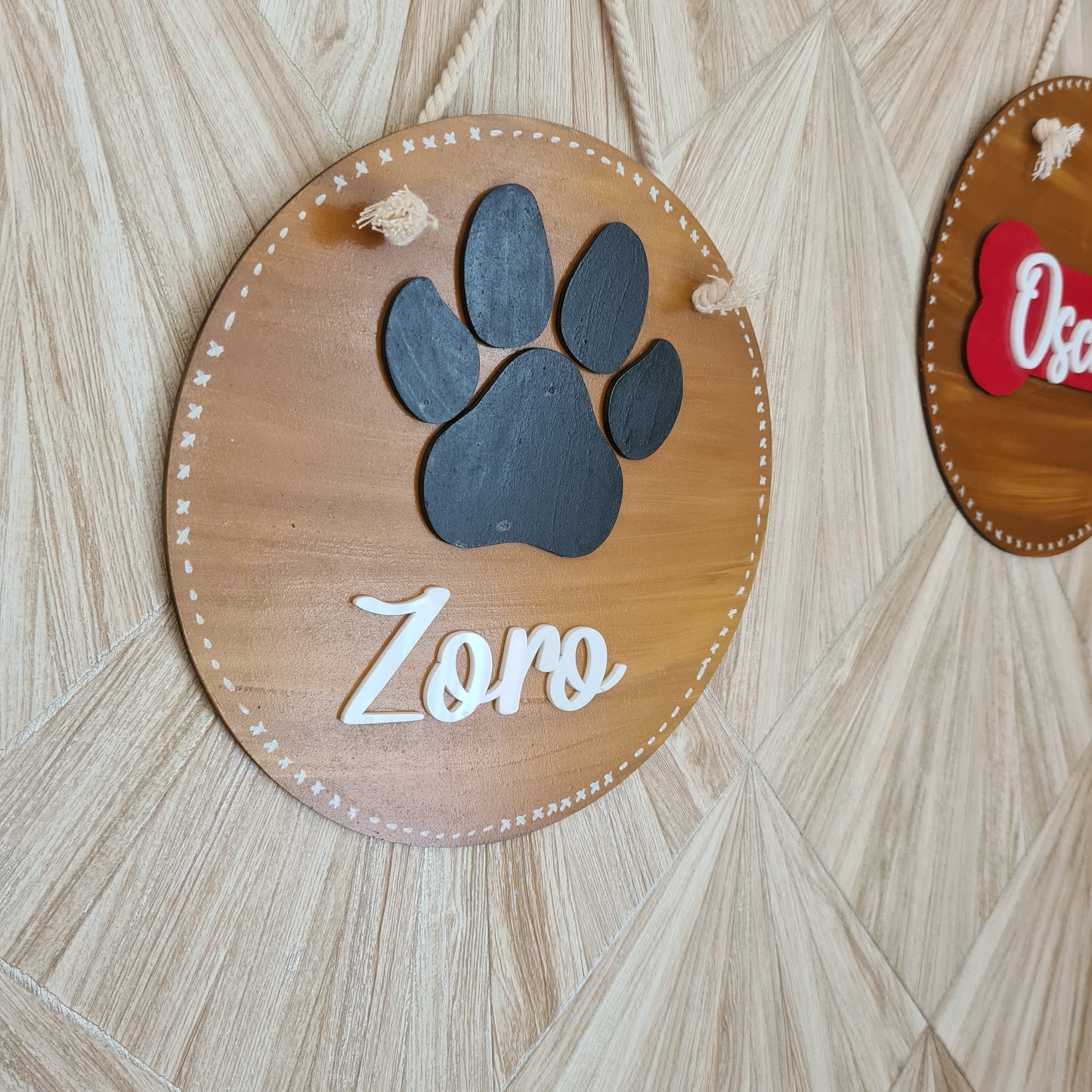 Paw Embellished Round Pet Nameplate — Hand-Painted Wood, 8 inch