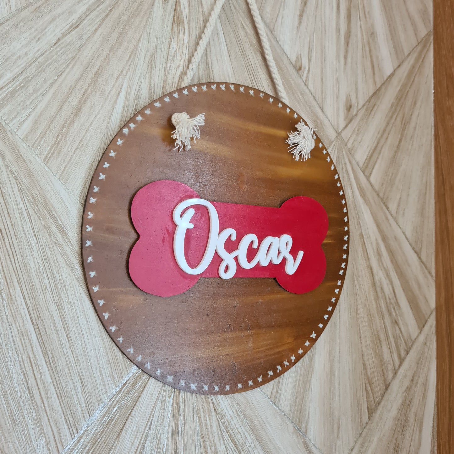 Bone Embellished Round Pet Nameplate — Hand-Painted Wood, 8 inch