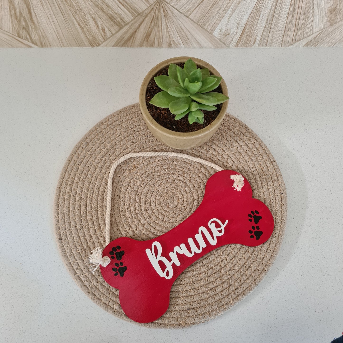 Bone-Shaped Pet Nameplate — Wood with Rope Hanger, 8 inch