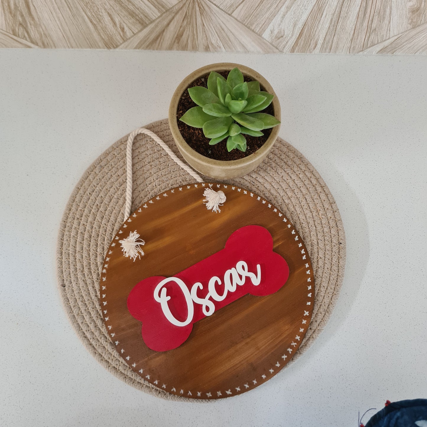 Bone Embellished Round Pet Nameplate — Hand-Painted Wood, 8 inch
