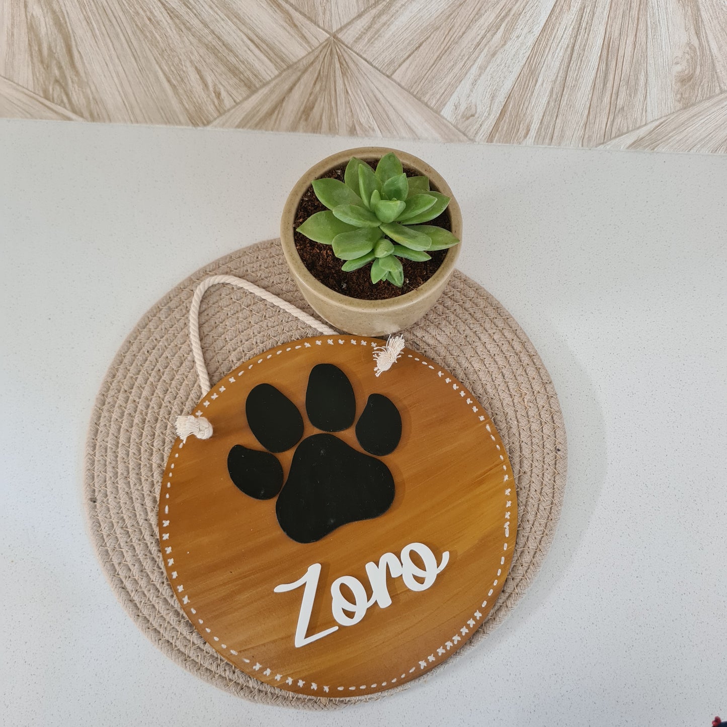 Paw Embellished Round Pet Nameplate — Hand-Painted Wood, 8 inch