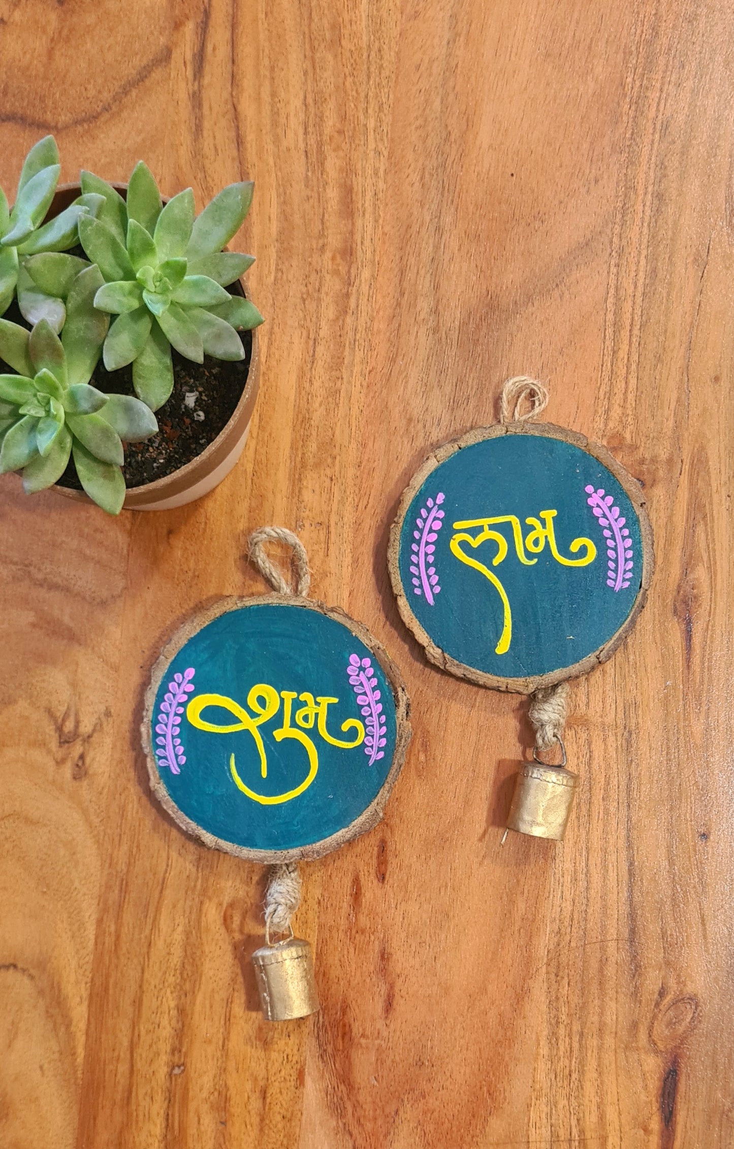 Shubh Labh Wood-Slice Door Hanging — with Bell