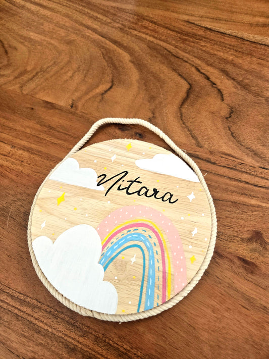 Hand-Painted Rainbow Wishes Pine Wood Nameboard (6-inch)