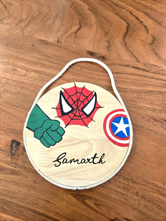 Hand-Painted Little Super Hero League Pine Wood Nameboard (6-inch)