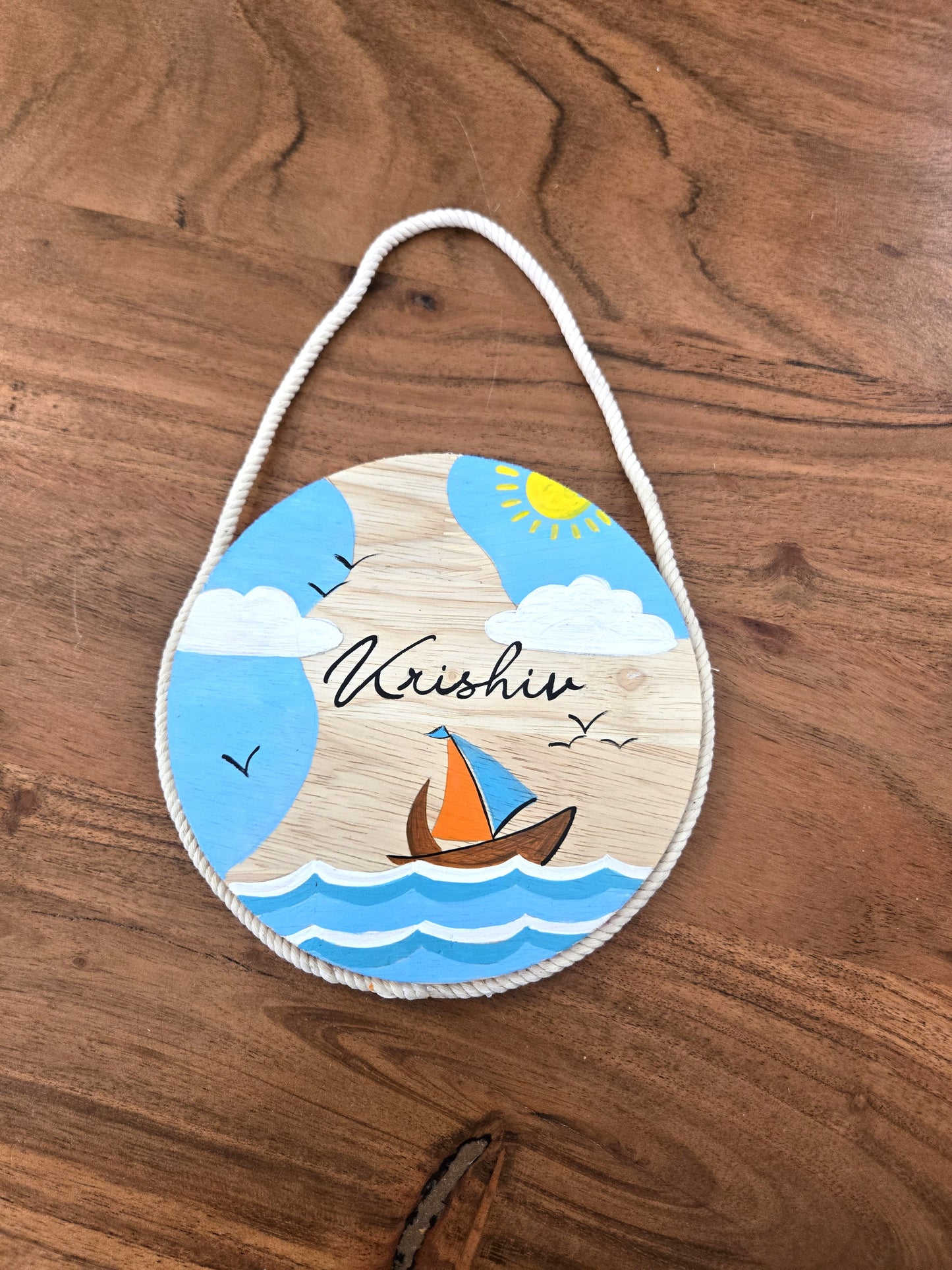 Hand-Painted Coastal Sail Dreams Pine Wood Nameboard (6-inch)