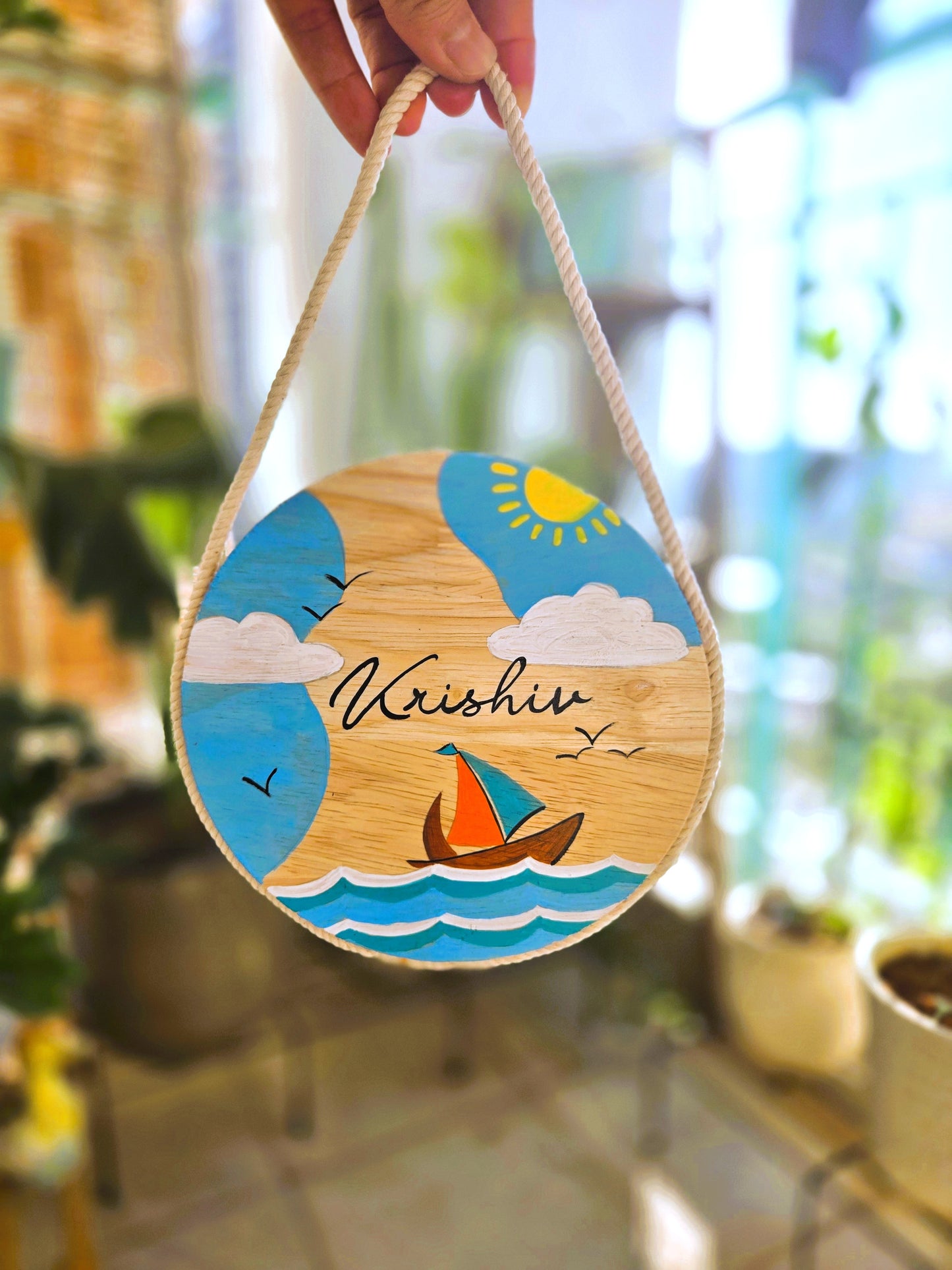 Hand-Painted Coastal Sail Dreams Pine Wood Nameboard (6-inch)