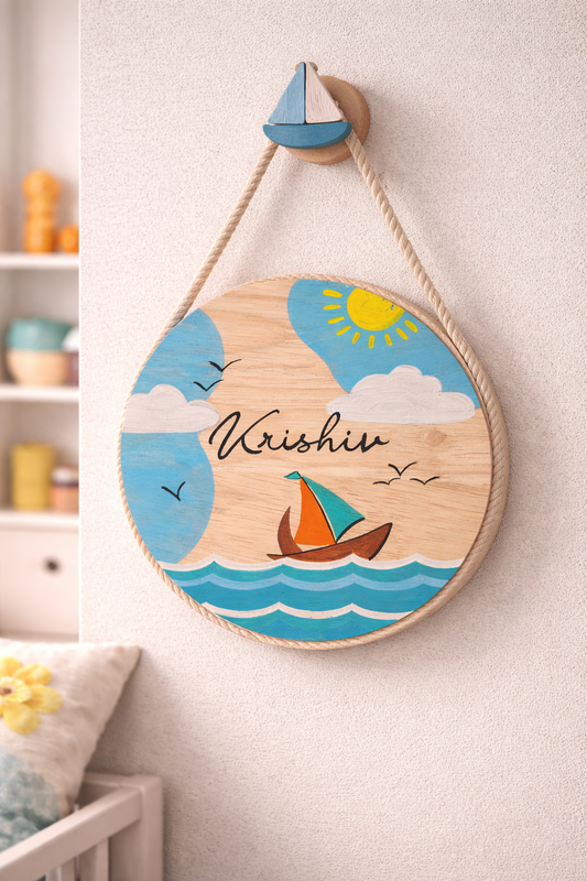 Hand-Painted Coastal Sail Dreams Pine Wood Nameboard (6-inch)