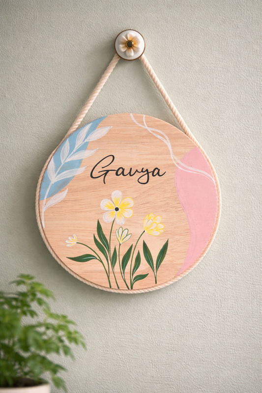 Hand-Painted White Flower Grace Pine Wood Nameboard (6-inch)