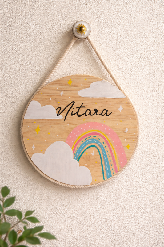 Hand-Painted Rainbow Wishes Pine Wood Nameboard (6-inch)