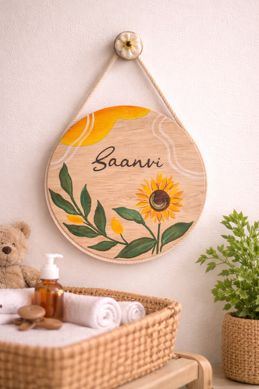 Hand-Painted Sunflower Bloom Pine Wood Nameboard (6-inch)
