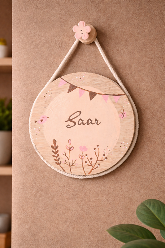 Hand-Painted Boho Blossom Pine Wood Nameboard (6-inch)