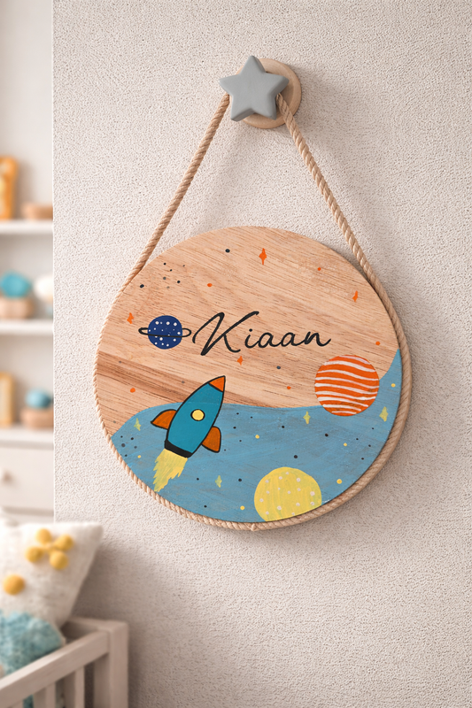Hand-Painted Cosmic Space Wonder Pine Wood Nameboard (6-inch)