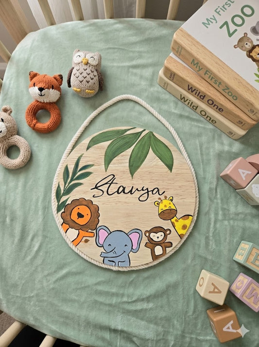 Hand-Painted Jungle Whispers Pine Wood Nameboard (6-inch)